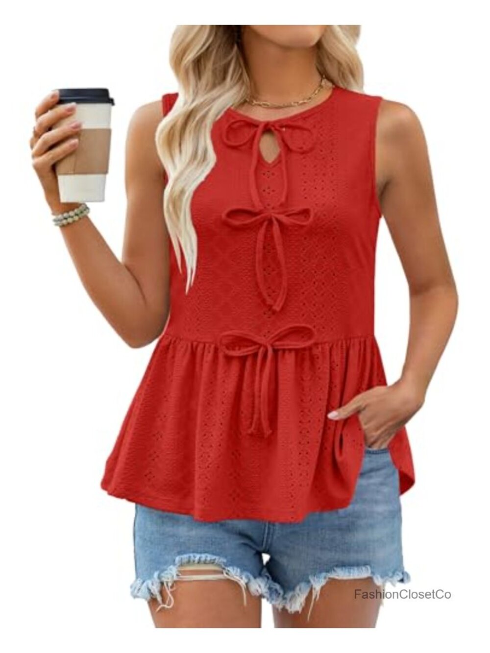 Crewneck Sleeveless Tank Top with Bow Front Ruffle Hem Babydoll Blouse Y2K